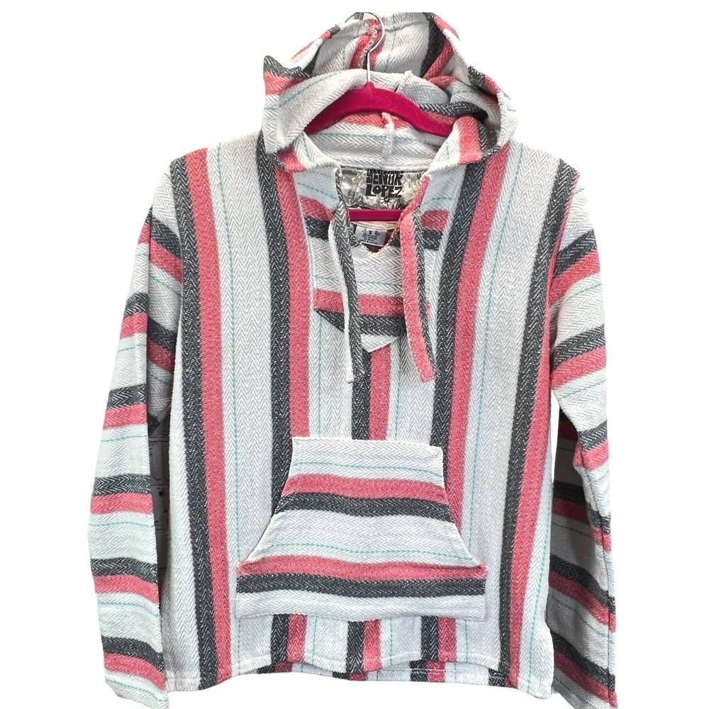 Senor Lopez Baja Hoodie Womens Cotton Blend Woven Striped Beach Pullover Pink S